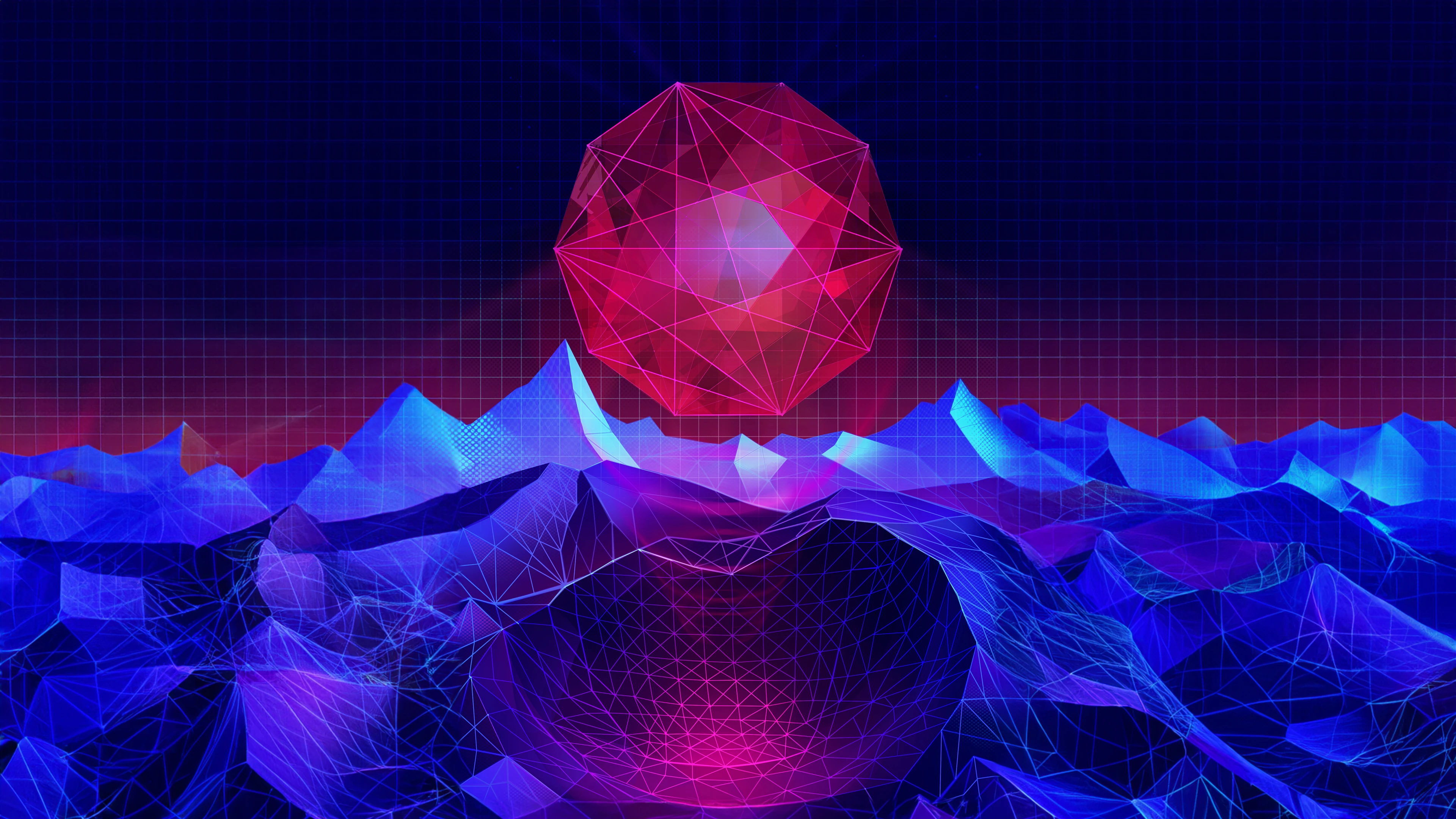 A luminous magenta polyhedron suspended above a blue and violet geometric landscape.